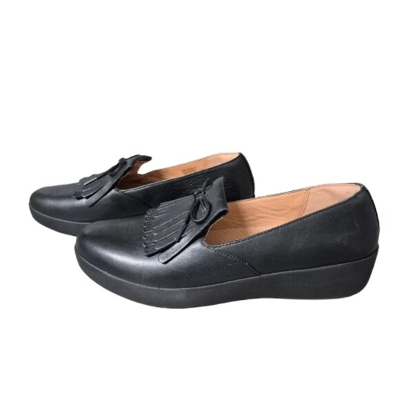 8.5 Fitflop Black Leather Fringed Kiltie Loafers - Picture 1 of 9